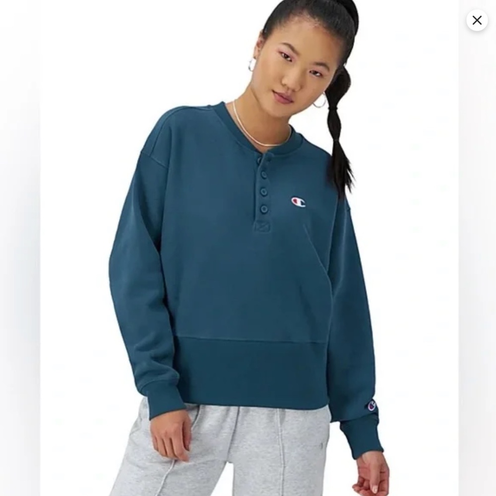 Champion Reverse Weave Henley Sweatshirt XL Teal Button Retro Active Lounge Boxy